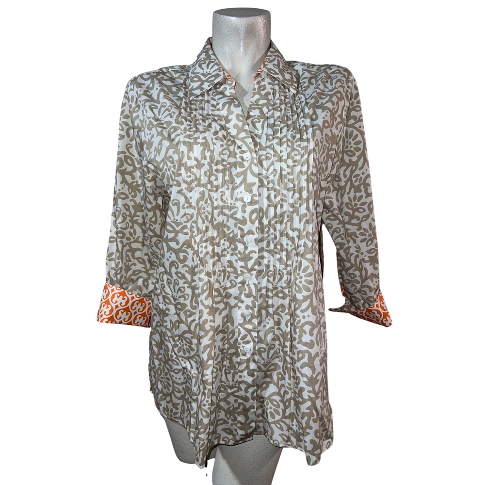 Foxcroft Womens 12 Wrinkle Free Shaped Fit Button Down Shirt Pleated Tan Orange
